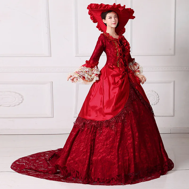 

Sweep Train Medieval Renaissance European Burgundy Royal Women Court Dresses Beaded Palace Stage Dress Sequins Prom Gown