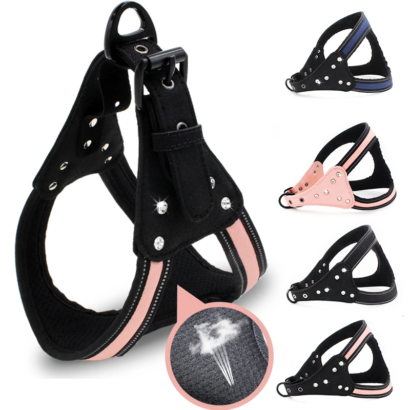 Breast-band Dog Harness Collar Leash Breathable Mesh Rhinestone Reflective Products For Quick Release Pet Supplies | Дом и сад