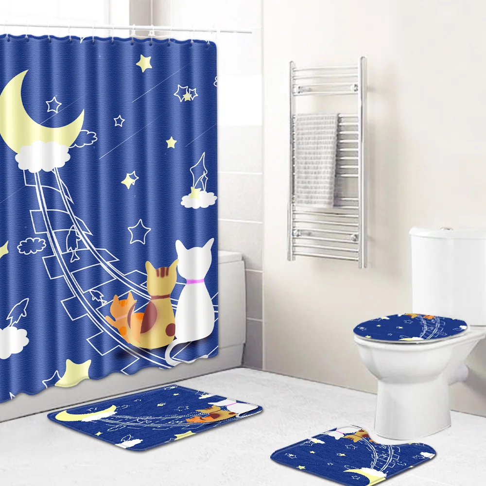 Zeegle 4Pcs Bath Mat Waterproof Shower Curtain Toilet Shower Curtain Set Polyester Bathroom Mat Set Toilet Cover Seat Modern Rug