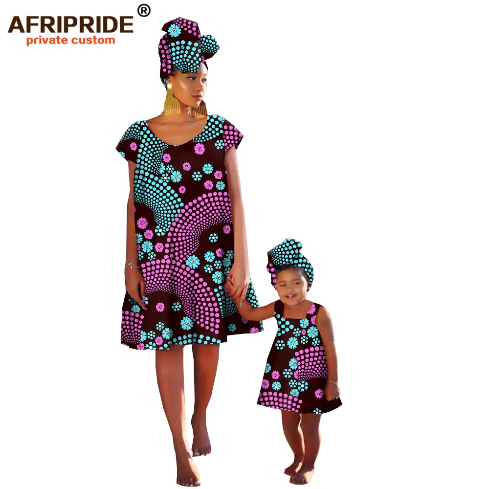 Африканские Восковые Семейные платья для женщин и девочек AFRIPRIDE, изготовленные по индивидуальному заказу, хлопковые платья длиной до колена с подходящей повязкой на голову A19F003
