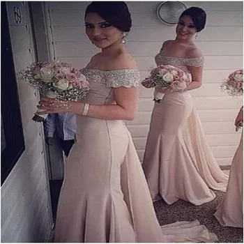 

Pink Beading Crystal Off-shlouder Mermaid Brfidelsmaid Dresses Simple Sleeveless Boat Neck Custome Wedding Party Gown For Women