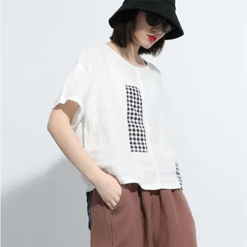 

Johnature Summer New Solid Color Patchwork Plaid Vintage Cotton Linen Loose T-Shirts Women 2020 Casual 6 Colors Female Tops