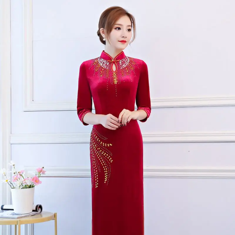 Китайский стиль длинный Cheongsam ручной работы из бисера cheongsam велюр Cheongsam шоу церемониальное Ципао тонкий Cheongsam ретро платье