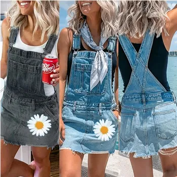 

2020 The bar Sexy Jean Jumpsuit Lady Shorts Summer Denim Casual Floral Printed Jeans Rompe Overalls S-5XL