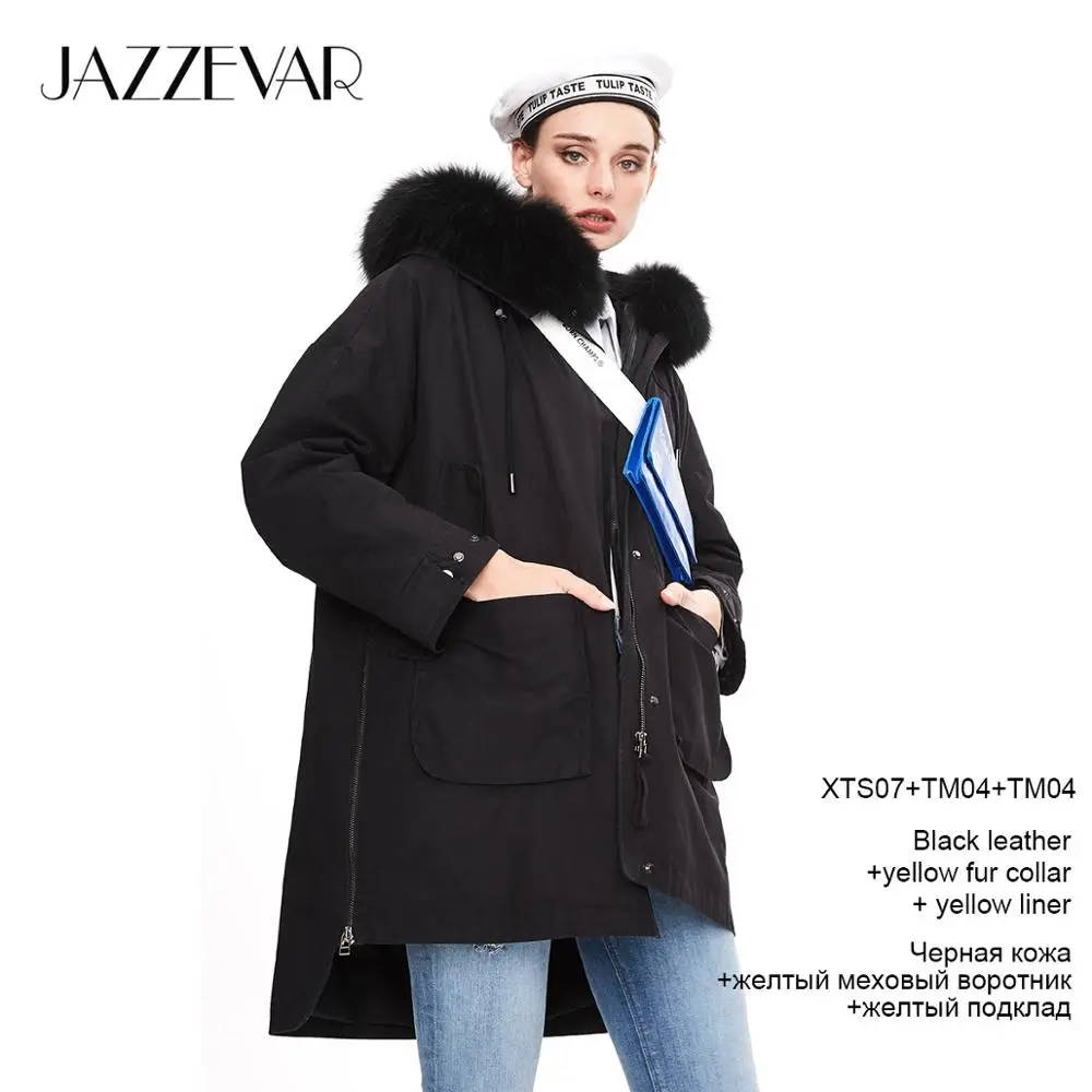 black coat yellowfur JAZZEVAR Зимнее новое поступление женское пальто высокое качество средней длины новая модная стильная парка с натуральным мехом теплое женское зимнее пальтоK9036 - Цвет: black coat yellowfur