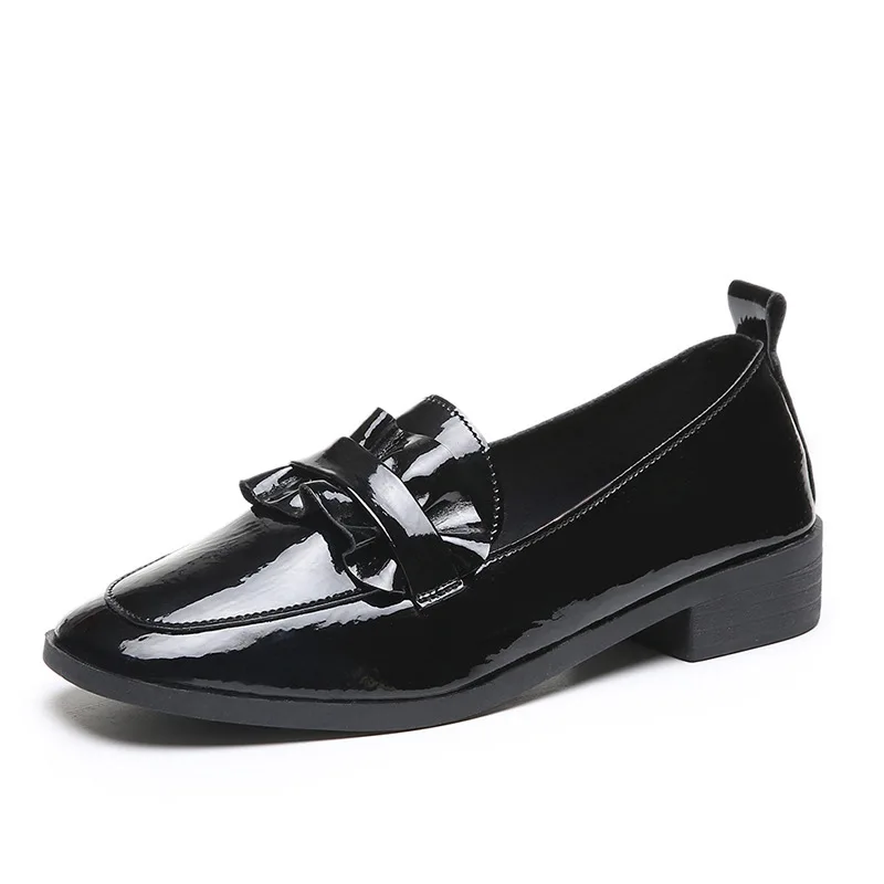 patent leather pleated ruffles shallow single shoes British style women autumn chunky loafers all match office ladies work shoes