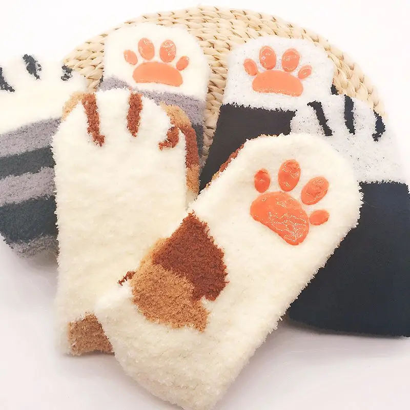 

Ladies Autumn Winter Cat Claw Socks Non-slip Coral Velvet Thick Warm Socks Home Sleeping Floor CUTE WARM Socks YY