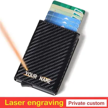 

Laser engraving Men Wallet Credit Card Holder mini Aluminum Box Card Wallet RFID Leather Pop Up Card Case Coin Purse gift