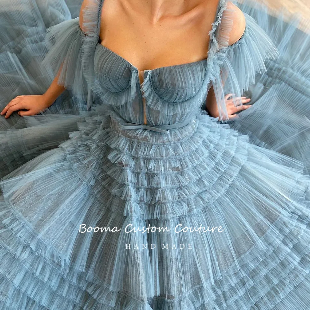 Booma Blue Long Prom Dresses Sweetheart Pleated Tulle Ruffles Evening Dresses Off Shoulder Tiered A-Line Formal Party