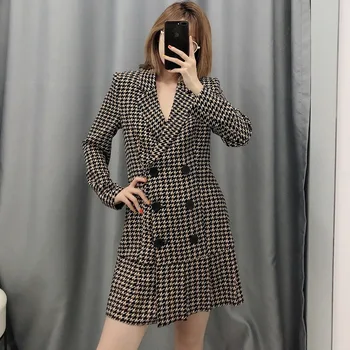 

Women Outwear Spring 2020 New Fashion Houndstooth Prints Pattern Long Sleeve Modern Lady Double Breasted Coat