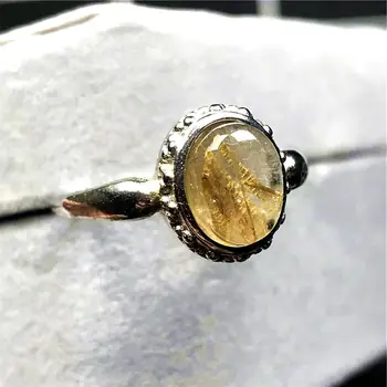 

9x7mm Top Natural Gold Rutilated Quartz Ring For Woman Man Crystal Oval Beads Silver Gemstone Adjustable Size Ring Jewelry AAAAA