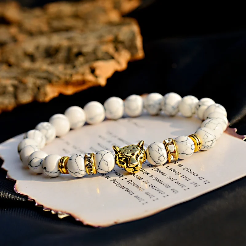 Trendy White Turquoises Stone Charm Bracelet Men Wood Beads Bracelet Handmade Leopard Bracelets&Bangles