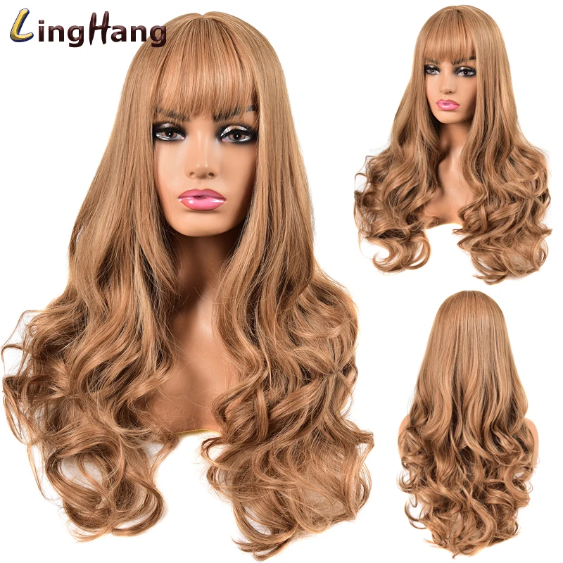 

WERD High Temperature Fiber Lady With Long Wavy Wigs Hairstyle And With Bangs Brown Dark Brown Light Brown Silver Synthetic Hair