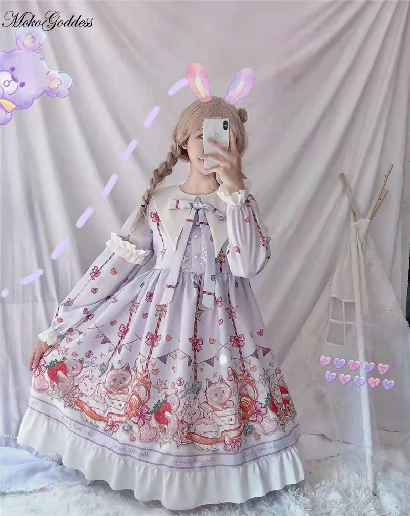 Вечерние платья в стиле Лолиты с длинными рукавами и рисунком кота