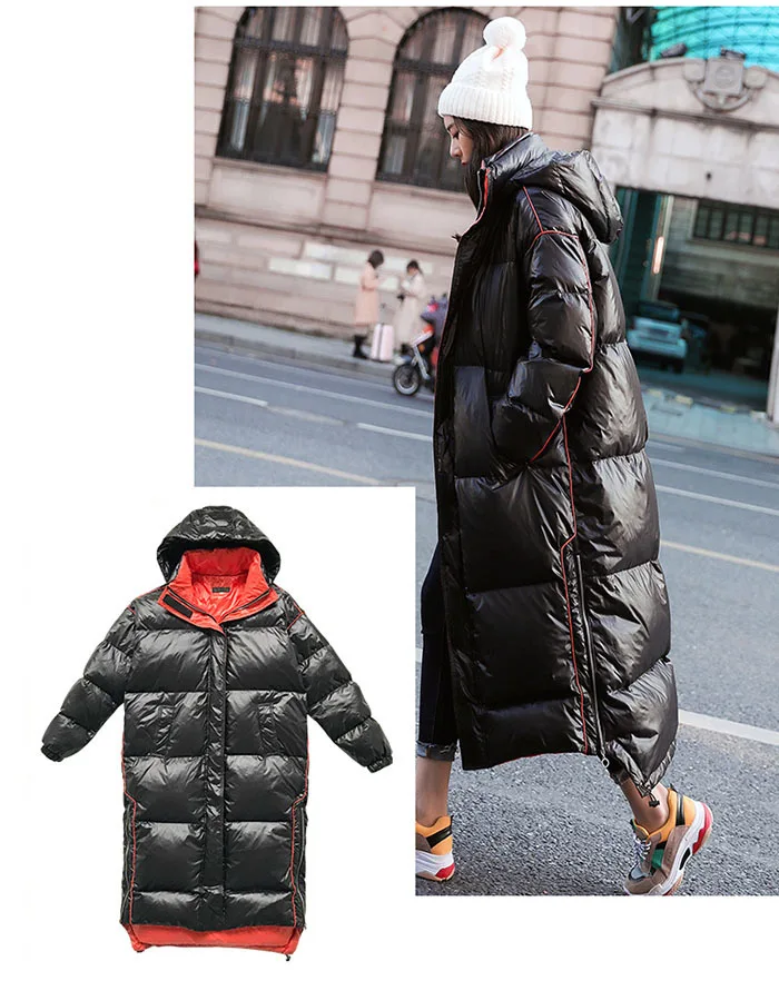 Зимняя женская куртка, очень длинное пальто большого размера с капюшоном, утолщенная теплая зимняя верхняя одежда, глянцевая Роскошная брендовая парка, Женское пальто