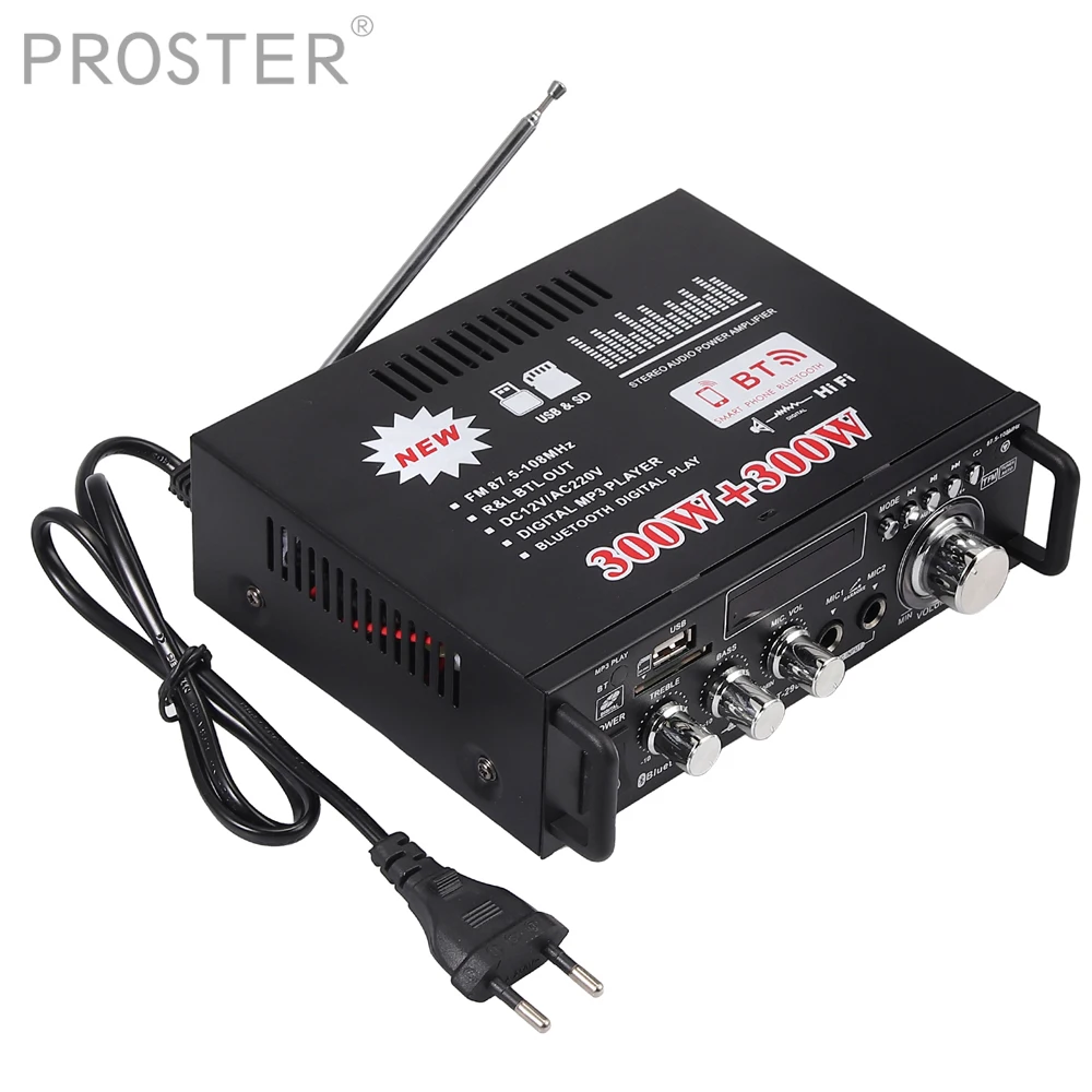 Proster 600W Bluetooth Stereo Audio Amplifier Car Home HiFi Music SD USB FM 12V/220V 80W + 80W Car