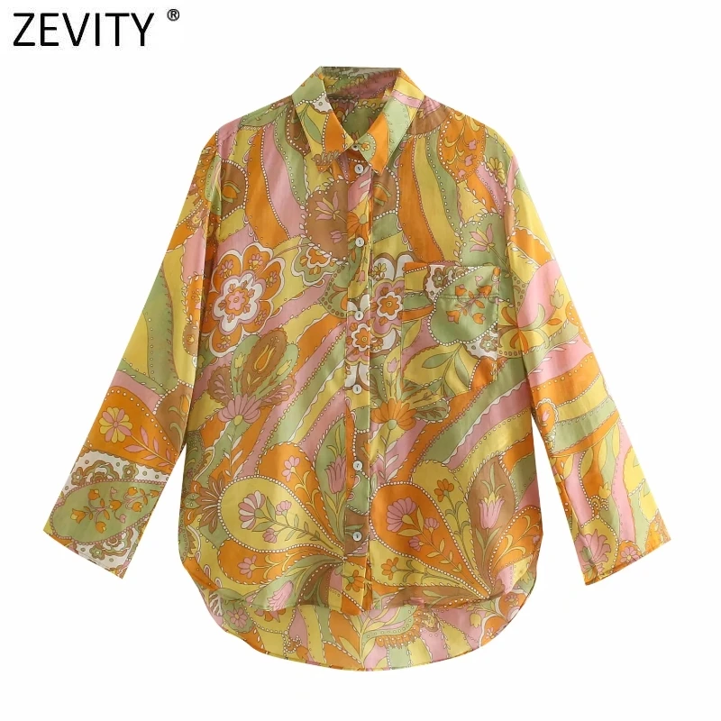 Zevity Women Vintage Totem Floral Patchwork Print Casual Business Shirt Femme Pocket Patch Blouse Roupas Chic Blusas Tops LS9410