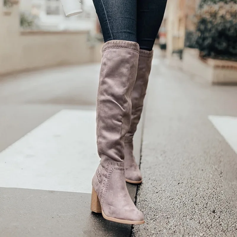 WENYUJH Women Over The Knee High Boots Hoof Heels Winter Shoes Pointed Toe Sexy Elastic Fabric Women Boots Size 35-43 Shoes