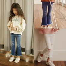 Детская одежда в Корейском стиле; коллекция года; сезон весна-лето; стиль; джинсы для девочек; джинсы с дырками; укороченные брюки