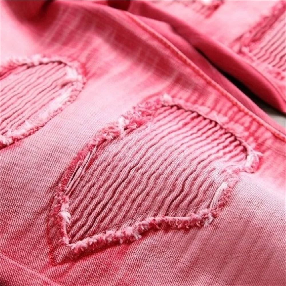 EH · MD® Pleated Hole Patch Red Jeans Men's Cotton Soft Small Straight High Street Personalized Slim Pants Motorcycle 2020 New