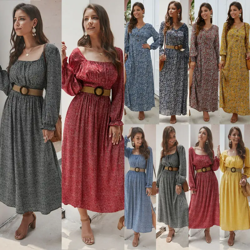 

New Women Boho Dress Flared Long Sleeve Summer Floral Print T-Shirt Dress Polka Dot Long Maxi Dress