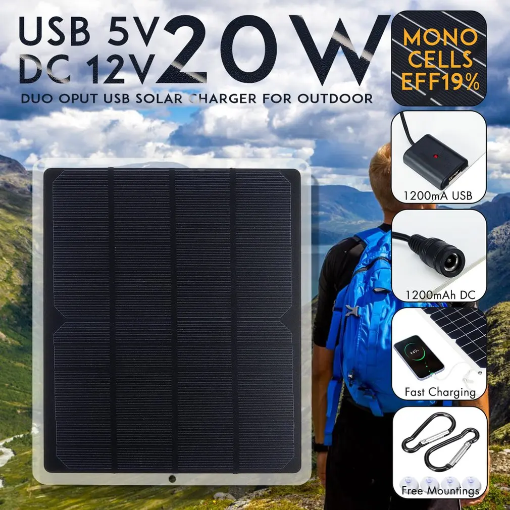 20 Вт 12 в моно Солнечная батарея с usb-разъемом зарядное устройство power Bank для мобильного телефона зарядное устройство для кемпинга ультра тонкий высокая эффективность