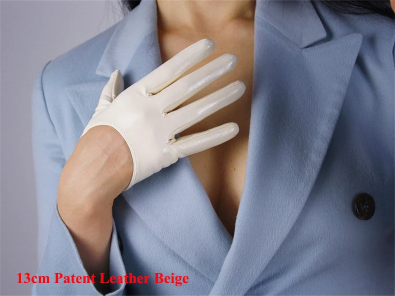 Модные из искусственной кожи перчатки 13 см короткие Стиль Для женщин перчатки Синтетическая кожа Лакированная кожа подкладки женские варежки P02