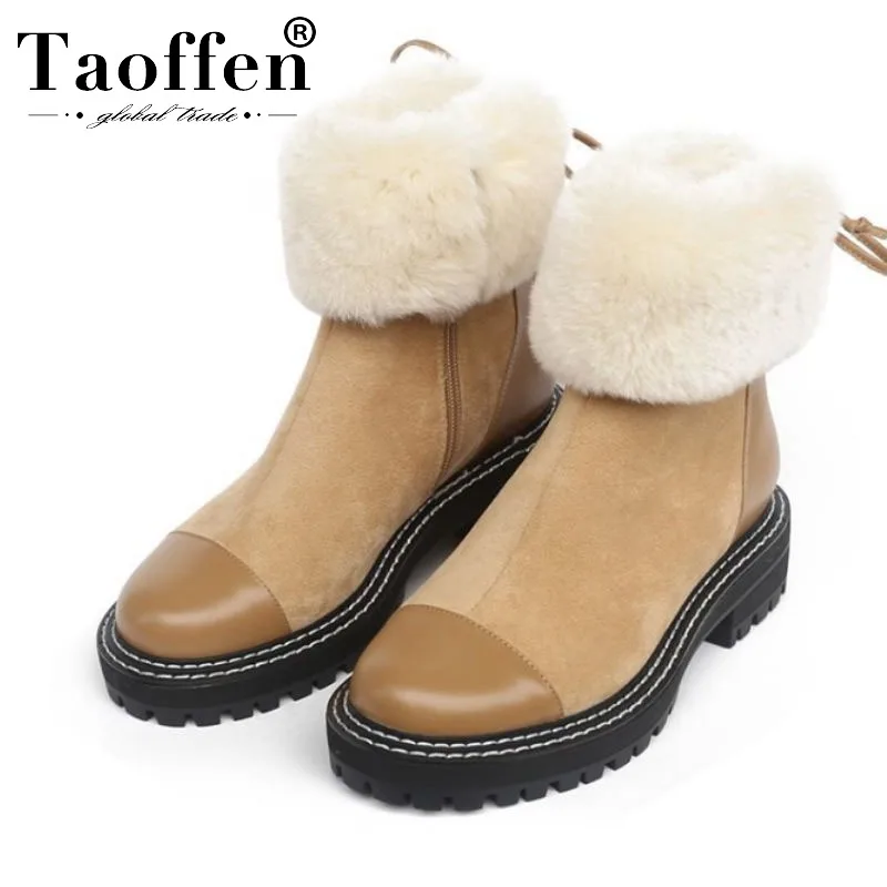 

Taoffen Lady Snow Boots Real Leather Plush Fur Round Toe Warm Ankle Boots Simple Leisure Chunky Heels Platform Botas Size 34-39