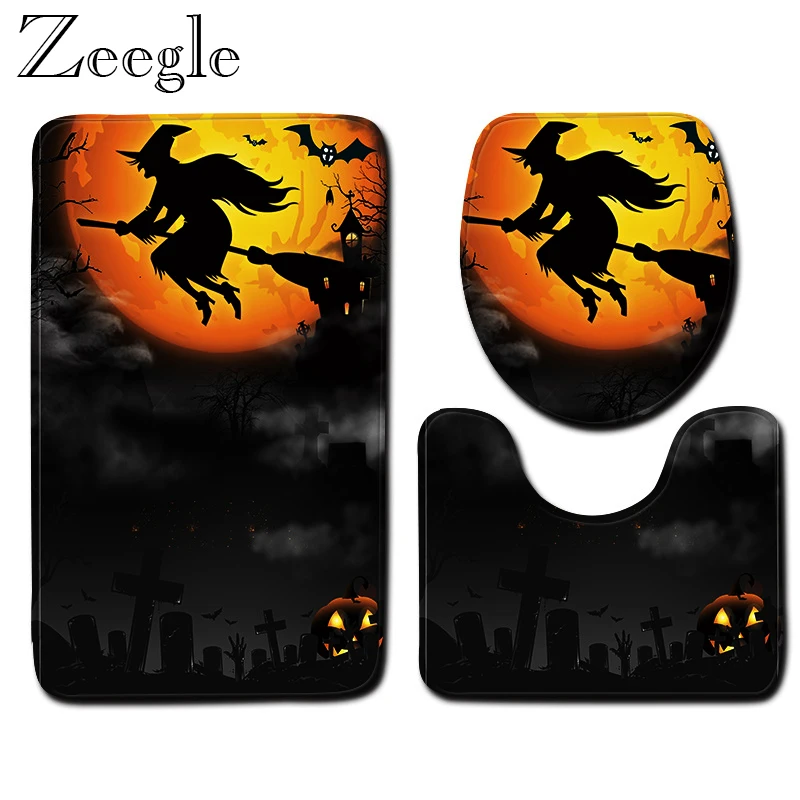 Halloween Bath Mat Bathroom Mat Set Anti-slip Bathroom Doormat Shower Rug Soft Toilet Cover Mat Absorbent Toilet Pedestal Rug