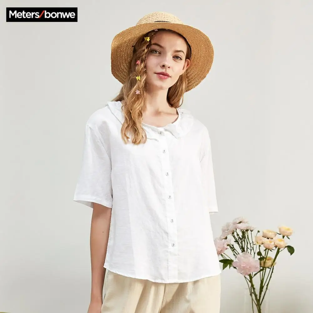 Женские блузки Metersbonwe с коротким рукавом воротник Питер Пэн для студентов