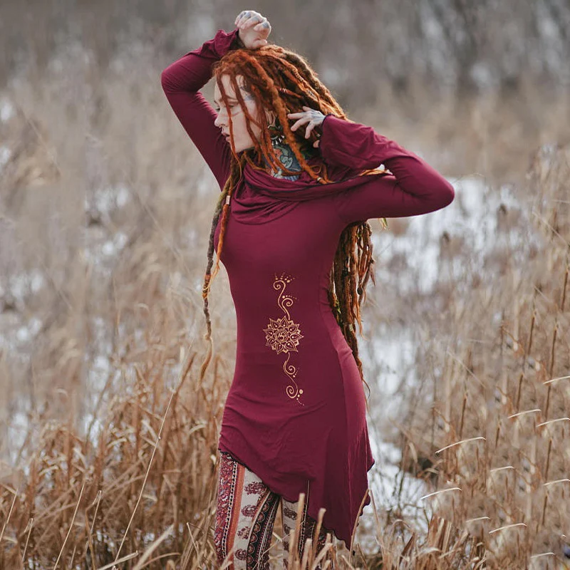 

Cos Forest Elf Fairy Elven Costume For Adult Women Vintage Slim Hooded Print Irregular Hem Mini Dress For Ladies Plus Size S-5XL
