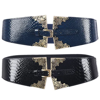 

2 Pcs New Lady Women Elastic Waistband Wide Waist Belt Retro Metal Buckle Faux Leather , Black with Blue