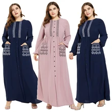 

FAKUNTN Muslim Women Abaya Islamic Maxi Long Sleeve Dress Buttons Pocket Kaftan Jilbab Turkish Cocktail Party Robe Gown