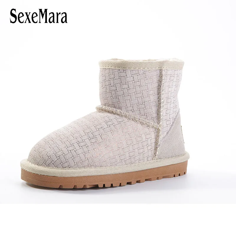 

New Winter Children Boots Top Quality Genuine Leather Snow Boots for Girls Student Weave Plaid Kids Shoes Plush Keep Warm C08182