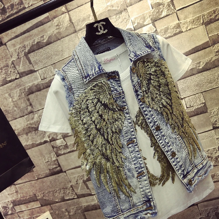 only vest Женский жилет с блестящими крыльями и блестками, ковбойская джинсовая куртка без рукавов, повседневное джинсовое пальто, верхняя одежда, жилет с бисером, весенне-осенние Топы - Цвет: only vest