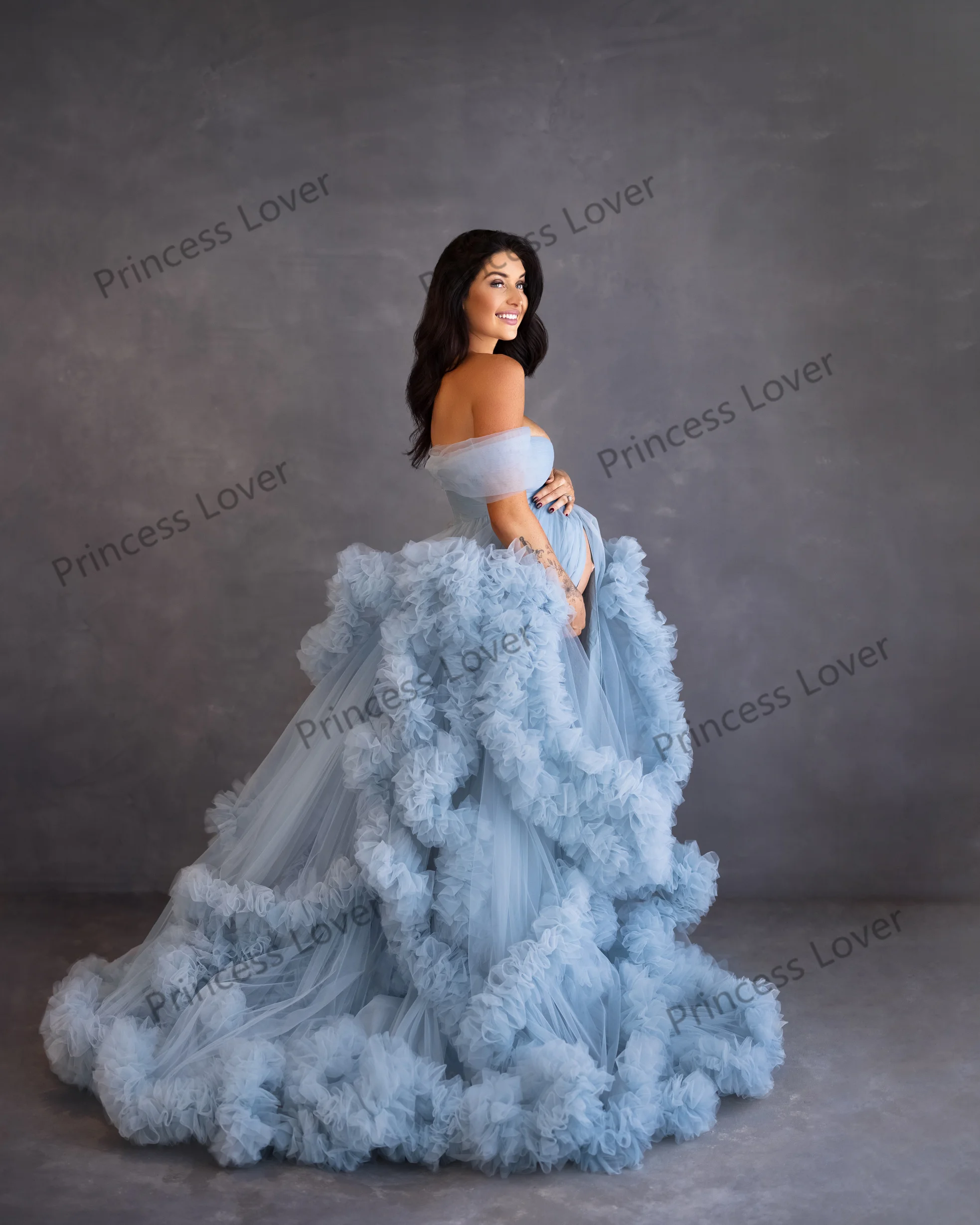 Light Sky Blue Women Tiered Ruffles Prom Dresses Evening Gown Front Split Flowy Tulle Dress Pregnant Woman Photography