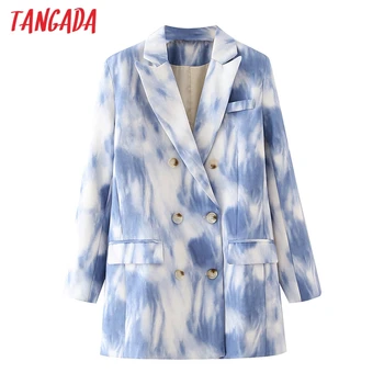 

Tangada Women Blue Tie Dye Blazer Coat Vintage Notched Collar Long Sleeve 2020 Fashion Female Loose Chic Tops DA136