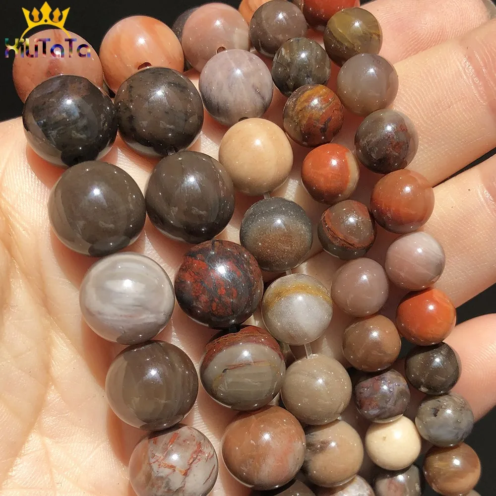 Natural Stone Wooden Petrified Jades Round Beads For Jewelry DIY Making Bracelet Earrings Accessories 15'' Pick Size 6 8 10 12mm |