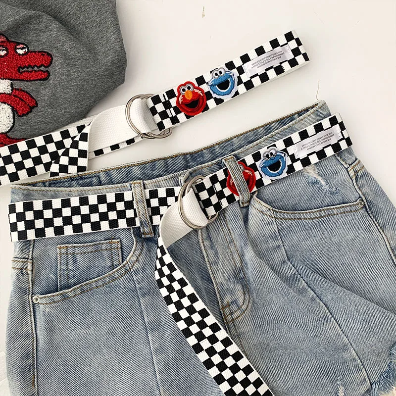 

Canvas Checkerboard Belts Black and White Plaid Canvas Belt Cartoon Fun Harajuku INS Wild Jeans Dress Unisex Belt Women Men