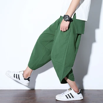 

2019 Sinicism Men Hip Hop Baggy Pants/Elastic Waist Calf-Length Solid Loose Casual Joggers Summer cotton Linen Trousers S-5XL