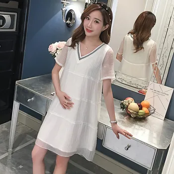

6935# Summer Korean Fashion Maternity Dress V neck Plus Size Loose White Chiffon Clothes for Pregnant Women Pregnancy Clothing
