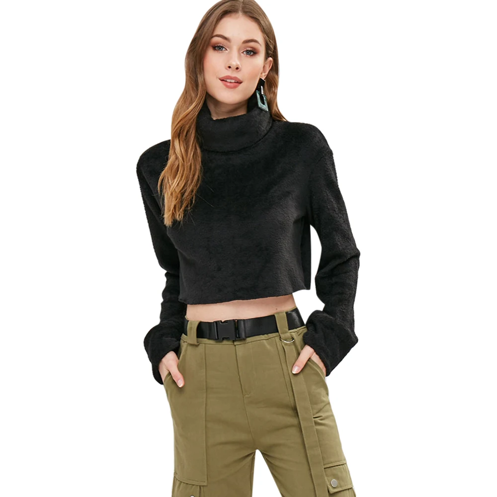 

ZAFUL Turtleneck Plain Crop Faux Fur Sweatshirt Women Long Sleeve Drop Shoulder Short Tops Hoodies Winter Elegant Coat