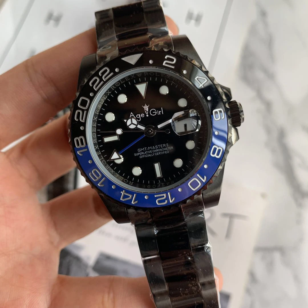 

Luxury Brand New Men Automatic Mechanical Watch Full Black Case Red Blue Ceramic Bezel GMT II Stainless Steel Sapphire Limited