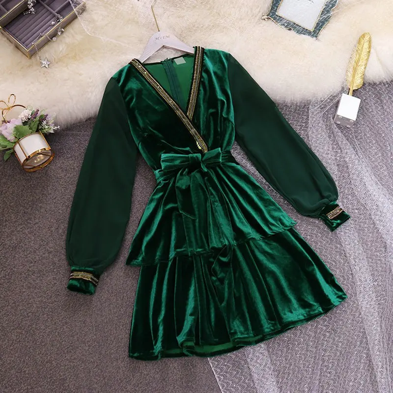 

HISUMA 2019 autumn winter new women's deep V neck ruffles waist Velvet fairy dress female elegant slim lace-up puff dresses