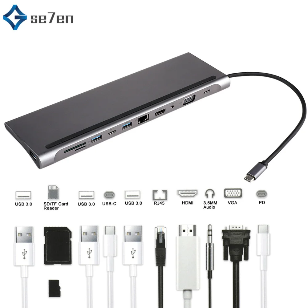 USB-C концентратор type C концентратор USB 3,0 Thunderbolt HDMI VGA 3,5 мм аудио RJ45 адаптер для MacBook Pro samsung Galaxy S9 USB C концентратор