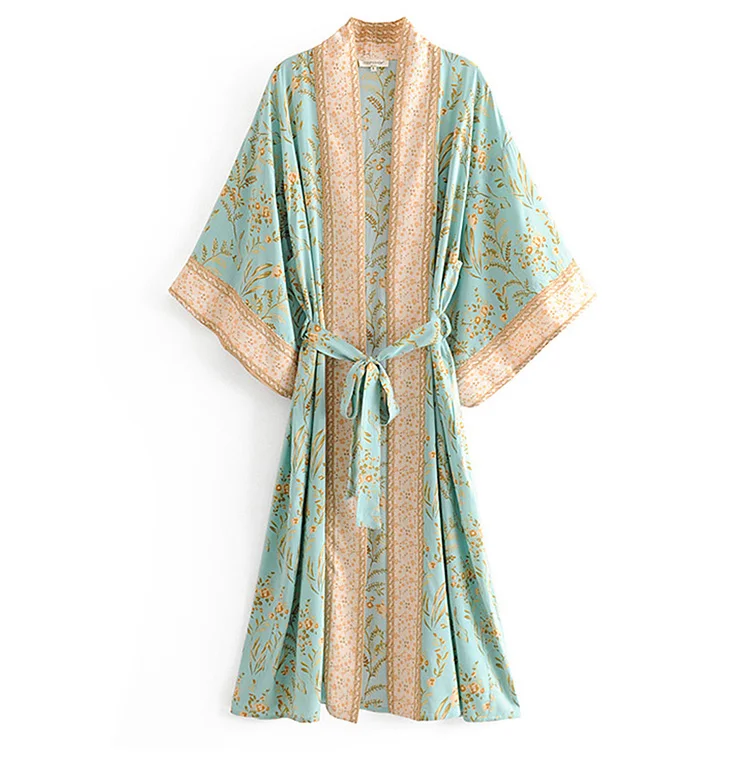 Speed Turquoise Positioning Printed Kimono Vacation Style Seaside Lace-up Sun-resistant Long Coat