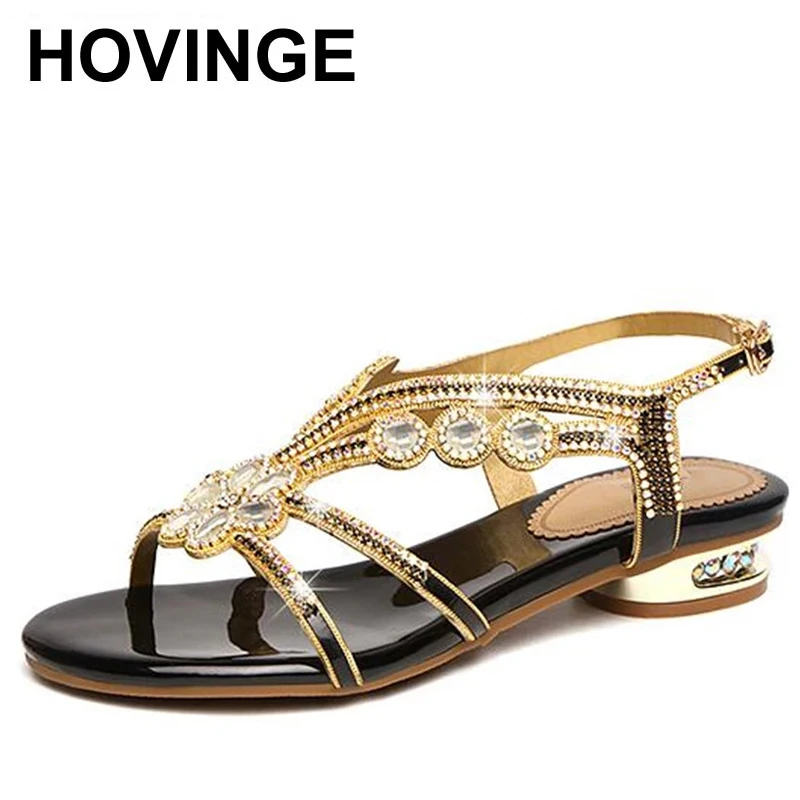 

HOVINGELarge Size Ladies Sandals Fashion Rhinestone Flat Shoes Summer Women's Shoes Golden Bohemian Casual Shoes 2021 New Dress