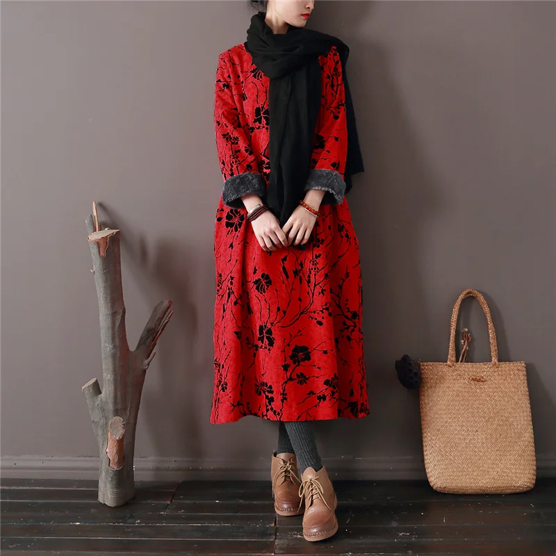 Женские Жаккардовые винтажные платья в китайском стиле, флисовые халаты, новинка зимы, 3 цвета, женские теплые хлопковые платья