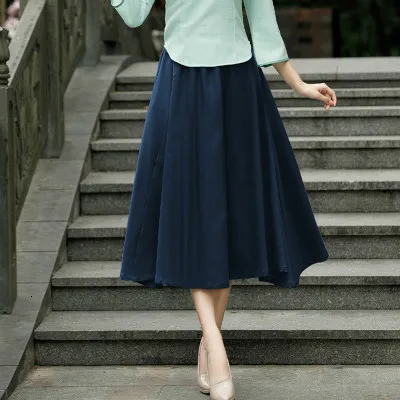 Зеленые хлопковые топы Qipao восточные Чонсам с коротким рукавом Hanfu рубашки винтажная блузка женская традиционная китайская одежда для женщин - Цвет: Blue skirt