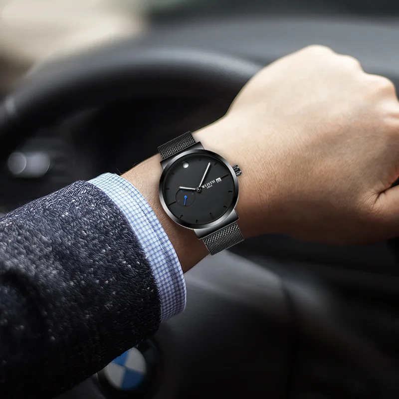 Мужские кварцевые часы с модной сеткой для отдыха очаровательные черные крутые